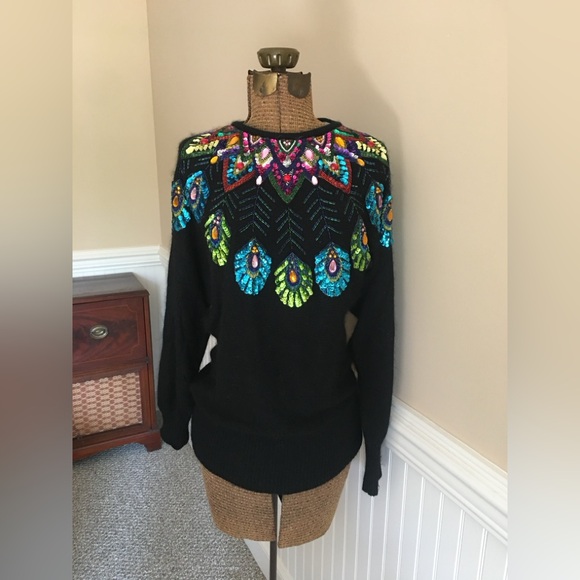 Vintage Sequin & Beaded Cedars Black Knit Dress Sweater Size: M - Picture 5 of 14